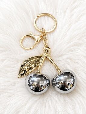 Silver Cherry Keychain Gold Leaf Bag Charm